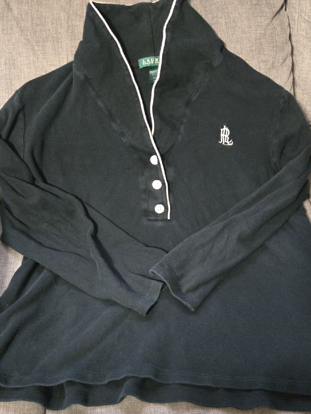 Ralph Lauren Black Long-Sleeve Polo Sleep Top with White Trim